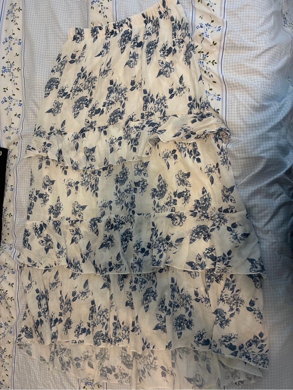 Tiered Floral Maxi Skirt in Cream and Navy
